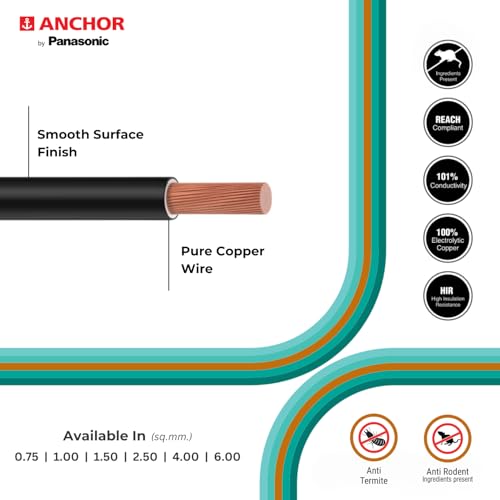 Image of Anchor by Panasonic 6 mm COPAPro FR Electrical Wire, 90 Meter Fire Resistant Single Core PVC insulated Pure Copper Wire, Anti Rodent Anti Termite Flexible Wire for Connections (RED, 96142RD-02)