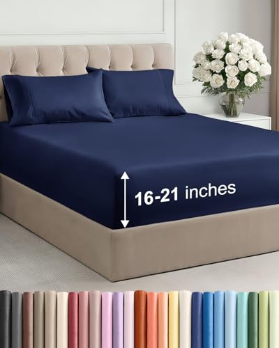 Image of Extra Deep Pocket Queen Size Sheet Set - 4 Piece Breathable & Cooling Bed Sheets - Hotel Luxury Bedding with 16 to 21 inch Extra Deep Pockets - Soft, Fade and Wrinkle Resistant - Oeko-Tex - Navy Blue