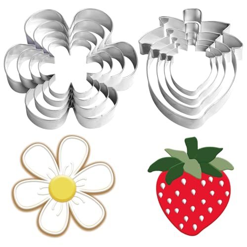 JarThenaAMCS 8Pcs Strawberry Daisy Cookie Cutter Set Assorted Sizes Fruit Flower Shape Cookie Cutting Molds Stainless Steel Biscuit Cutters for Spring 1st Birthday Baby Shower DIY Baking Supplies