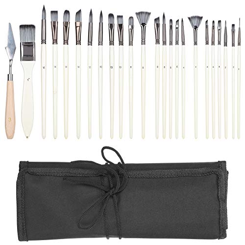 Juego de cepillos de Pintura de 24 Piezas, Mango de Madera de Lana de Nylon cepillos de cerámica de Acuarela con Bolsa para Pintura de Acuarela acrílica (Perla Blanca)