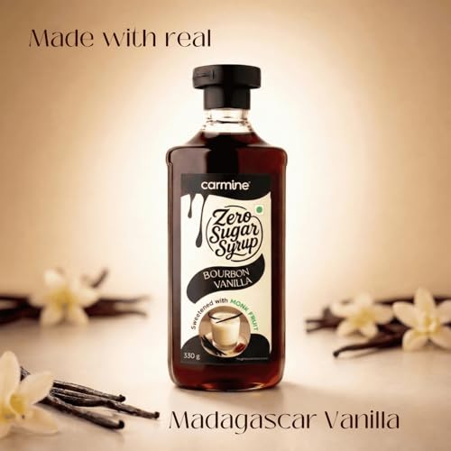Image of Carmine Zero Sugar Bourbon Vanilla Syrup - 330g | Sweetened with Pure Monk Fruit | Made with real imported Madagascar Vanilla Beans | No Added Sugar or Artificial Ingredients