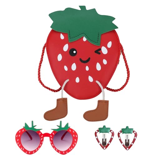 KASESSS Girls Handbag, Strawberry Kids Handbag, Bags for Girls Cute, Girls Bags PU Leather, Toddler Handbag for Kids Baby Girls, girls Cross Body bag with Ears Sunglasses and Hair Clips (Red)
