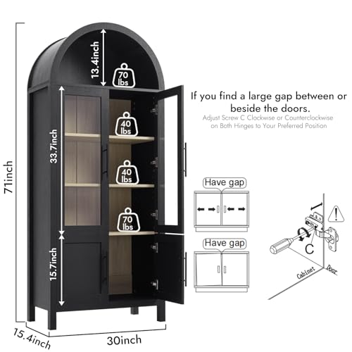 71" Tall Arched Display Cabinet, 5-Tier Bookshelf Modern Farmhouse Arched Bookcase with Glass Doors and Shelves, Wooden Pantry Storage Cabinet for Living Room, Office and Kitchen, Black