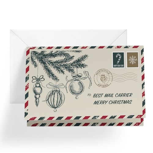 1Up Greetings Christmas Card for Mail Carrier | Vintage Postcard | Your Purchase Helps Animals In Need | 5”x7.5” | Individual Christmas Card + Envelope | Small Woman Owned Business | Made in USA | XMASMAIL1
