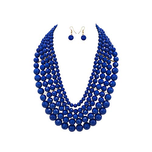5 Layered Beaded Statement Chunky Necklaces For Women - Multi Strand Colorful Bead Layered Bib Necklace For Women Fashion Jewelry Costume Earring Set (Blue)