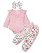 Lufebut Baby Kleidung Mädchen Neugeborenes Outfit Langarm Strampler Rüschen Tops + Blumen Hose + Bogen Stirnband Winter Set für 0-18 Monate, Rose, 6-12M