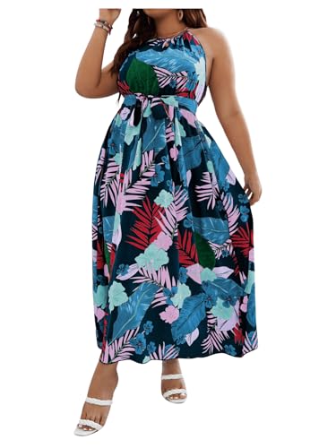 Image of Floerns Women's Plus Size Boho Sleeveless Halter Neck Tie Back A Line Long Dress
