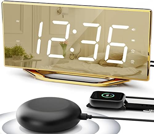 Loud Alarm Clock for Heavy Sleeper, 2 Alarms Big Display Clock with Bed Shaker for Hard of Hearing Deaf,Plug in Bedroom Mirror Clock,Phone Charger,Dimmer,Simple Digital Clock for Senior Adult Teen Kid