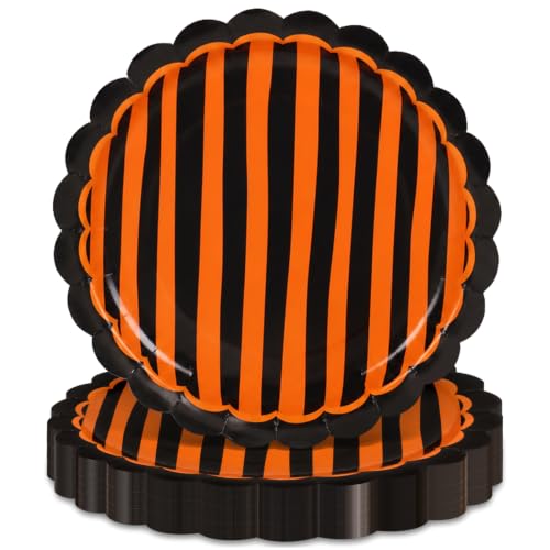 JarThenaAMCS 30Pcs Orange Black Stripe Paper Plates Halloween Scalloped Disposable Plate Striped Dessert Plate for Halloween Birthday Baby Shower Party Table Decor