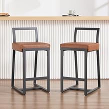 Ya-Home 26 Modern Bar Stools Set of 2, Upholstered PU Leather Bar Chairs with Backrest Armless Counter Height Stools with Metal Frame for Kitchen Island Dining Room, Brown