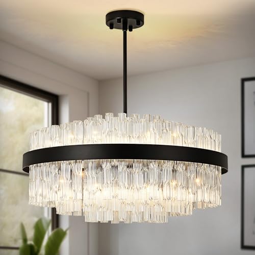 KUNYEEE Black Crystal Chandeliers Flush Mount Crystal Ceiling Light Fixture Round Chandeliers Pendant Light for Living Room Kitchen Island Dining Table Hallway, G9 x 12 Lights 60cm