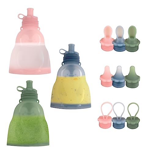Image of Wee me Silicone Refillable Baby Food Pouches, Reusable Squeeze Storage Pouch Bags with Caps for Kids, Washable & Freezable Safe (6 Ounce (Blue/Green/Pink 6 Oz)