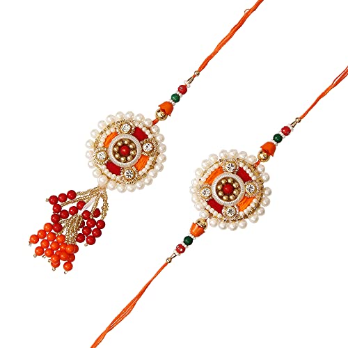 Image of eCraftIndia Beads, Pearls, Decorative Bhaiya Bhabhi Rakhi Set with Best Bro Ever Fridge Magnet and Roli Chawal Pack