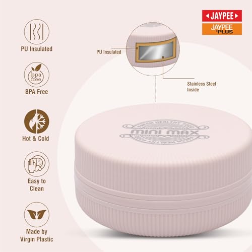 Image of JAYPEE Mini Max Lunch Box for School Kids, Office, Ideal for Snacks, Meal,Gift, Keeps Food Hot & Fresh Insulated Stainless Steel Inner with Plastic Dish Inside, 415 ml Each Pack of 2, Pink