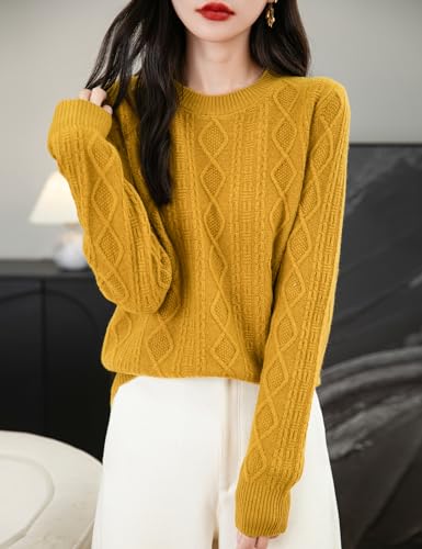 Women's 100% Merino Wool Sweater 2025 Fall Winter Basic Crewneck Warm Long Sleeve Cable Knit Pullover Sweater4