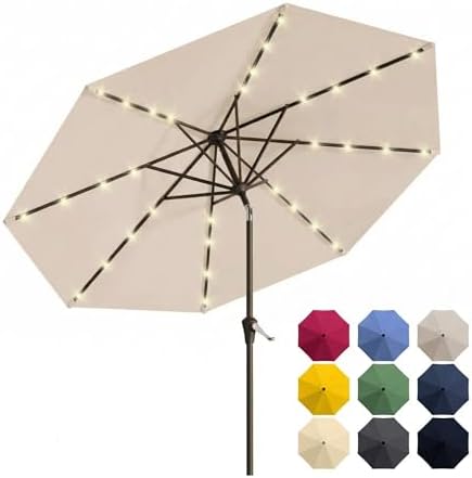 10FT Solar Patio Umbrella with Lights, Outdoor Table Market Umbre...