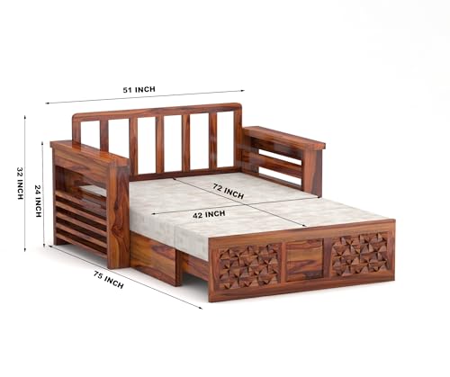 Image of Solid Wood Sofa Cum Bed for Living Room | Modern Wooden Pull-Out Diwan Bed with Cushioned Seating | Convertible 2 Seater Sofa Bed for Home & Guest Room (Honey Finish)