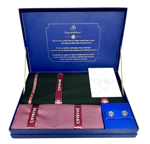 Image of JHABAK'S Men's 100% Pure Cotton Unstitched 1.7 Meters Shirt Piece - 3.25 Meters Suit Fabric Set with Cufflinks (Multicolour, All Weather Fabric, Attractive Box)