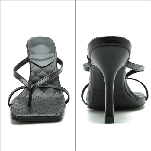 Women's Strappy Thong Heeled Sandals Slip On Stiletto Heels Flip Flops Square Open Toe T Strap High Heel Sandals Slide Summer Dressy Sandals3