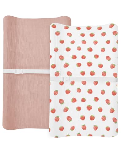 Image of Changing Pad Cover for Baby Boy Girl 2 Pack, Muslin Changing Table Pad Covers with Boho Style, Neutral Nursery Bedding Essentials Soft and Breathable (Strawberry & Pale Pink)