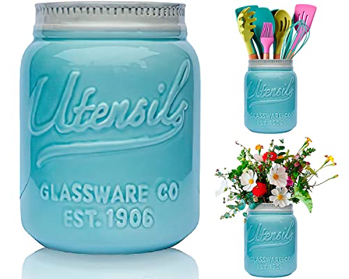 Pot Mason Grande Ouverture Support à Ustensile par Comfify – Cruche Organisatrice Décorative d’Équipement de Cuisine, Adapté Lave-Vaisselle – Bleu Turquoise, Grande Taille Haut de 7'