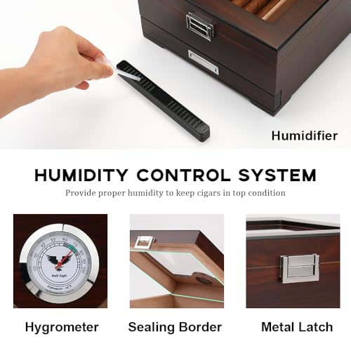 Bald Eagle Cigar Humidor, Handmade Box with Humidifier Hygrometer, Cedar Wood Glass Top Case with Accessories Drawer, Hold 30-35 Cigars - Image 4