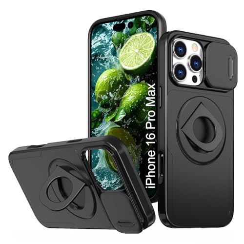 Image of LuxuryKase MagSafe Shockproof Rugged Back Case for iPhone 16 Pro Max | Finger Ring Kickstand & Sliding Camera Cover | Military Drop Protection | Wireless Charging Support - Black