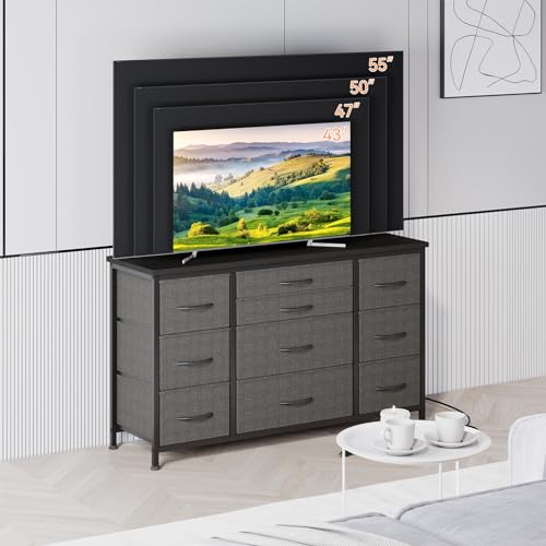 Jojoka Wide Dresser with 10 Large Drawers for 55'' Long TV Stand with Power Outlet Entertainment Center, Storage Fabric Drawer Unit for Bedroom, Closet, Entryway, Sturdy Metal Frame, Gray