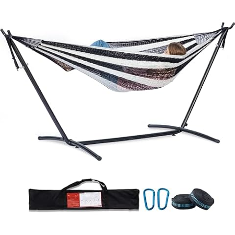 PNAEUT Handwoven XL Mayan Thick Rope Hammocks with Stand, Max 550 lbs Capacity Upgraded Double Heavy Duty Steel Stand for Outside, Tree Straps & Carabiners and Portable Carrying Bag (Zebra Stripe) Cover