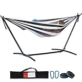 PNAEUT Handwoven XL Mayan Thick Rope Hammocks with Stand, Max 550 lbs Capacity Upgraded Double Heavy Duty Steel Stand for Outside, Tree Straps & Carabiners and Portable Carrying Bag (Zebra Stripe)