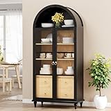 YESHOMY 71' Tall Arched Cabinet, Kitchen Pantry Storage Cabinets with Large Drawers, Shelves and Glass Doors, Modern Display Bookcase for Living Room, Dining Room (Black)
