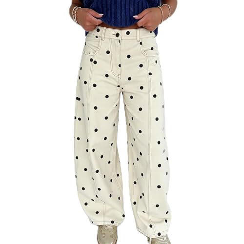 Mxiqqpltky Polka Dot Jeans Women Low Rise Cute Baggy Jeans Y2k Straight Wide Leg Boyfriend Denim Pants Streetwear(White Black,Medium)