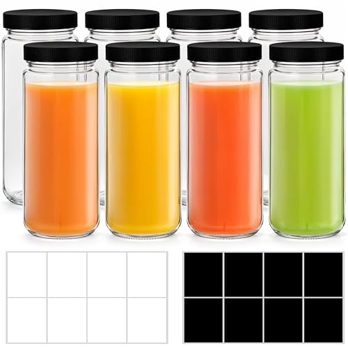 Winter Shore Tarros Cristal con Tapas y Etiquetas de 450 ml (Pack de 8) - Botellas de Vidrio Reutilizables para Zumo - Botella de Agua Transparente Rellenable - Mini Botellas para Zumo con Tapa