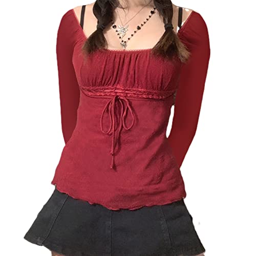 Image of Fairy Grunge Shirts for Women Y2K Tops Long Sleeve Lace Patchwork Tees Teen Girls Vintage Slim Blouse Fall Clothes