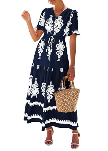 Lazysmile Summer Dresses for Women Short Sleeve V Neck Floral Drawstring Flowy A Line Boho Maxi Dress with Pockets Navy