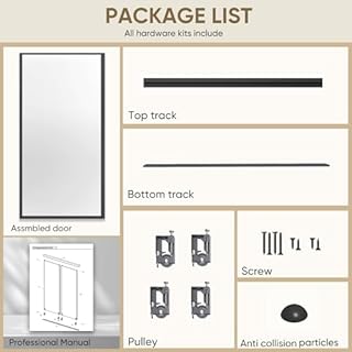 JUBEST Full Sized Sliding Mirror Closet Door 72 x 80, Black Steel Frame Sliding Closet Mirror Door with Top & Bottom Track Kits, One Side Mirror with Safety Backing, Easy to Install