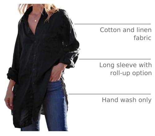 Image of Runcati Womens Button Down Shirts Linen Cotton Long Sleeve Blouse Tunic Tops Cover Up Shirt Loose Beach Bikini Dress