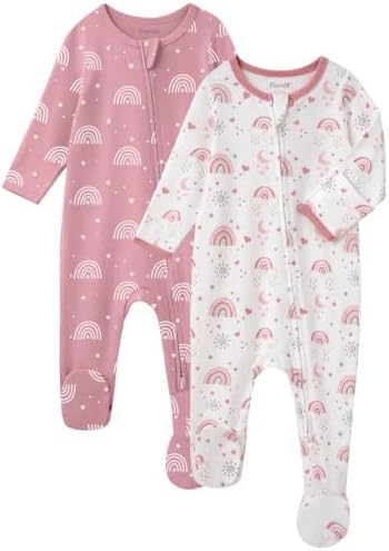 FIEMOL Baby Girl Sleepers 100% Cotton Footie Pajamas, Newborn 0-3 3-6 6-9 Months with 2-Way Zipper & Mitten Cuffs, Ultra Soft 2 Pack Footed PJs Baby Girl Clothes