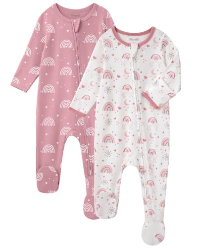 FIEMOL Baby Girl Sleepers 100% Cotton Footie Pajamas Newborn 0-3 3-6 6-9 Months with 2-Way Zipper & Mitten Cuffs Ultra Soft 2 Pack Footed PJs Baby Girl Clothes