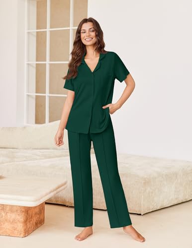 Image of Ekouaer Pajamas for Women Set Button Up Short Sleeve Pjs Sets With Pockets | Soft Womens Sleepwear,V Neck,Notch Collar,2 Piece Classic Loungewear With Long Pant for Sleep,Lounge,Fall