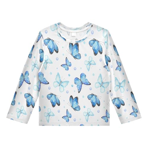 Boys Rash Guard Swim Shirt Long Sleeve UPF+ 50 Sun Shirts Quick Dry Shirt Cute Blue Butterfly for Toddler Kids