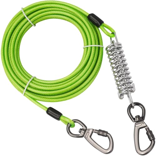 Cable de amarre para perro, correa de perro de 20 pies de largo con resorte y clips giratorios, cable de corredor resistente de hasta 457 kg de fuerza de tracción, cadenas para patio exterior, camping