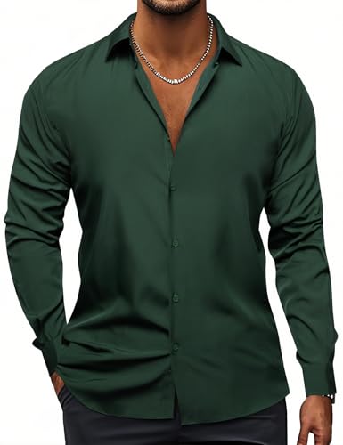 Hi-Tie Forest Green Mens Dress Shirts Stretch Long Sleeve Button Down Wrinkle Free Casual Formal Dress Shirts for Men