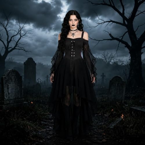 Flapper Dresses for Women Mesh Off-Shoulder Gothic Halloween Midi Dresses - image 3