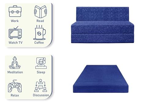 Image of Foldable 1 Seater Sofa Cum Bed, Sofa Bed 3 X 6 Feet, Jute Fabric- Washable Cover- Including One Cushion Perfect for Home & Office - Blue Color