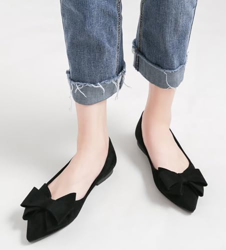 Image of SAILING LU Womens Bowknot Ballet Flats Pointy Toe Suede | Casual Flat Shoes, Dressy Wear to Work, Moccasins, Slip-Ons
