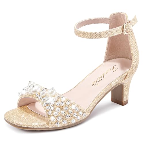 Furdeour Girls Dress Shoes Flower Girl Shoe High Heels Kids Princess Size 1 Sandals Gold Wedding Prom Zapatos Para Niñas Sparkly Formal Pearl Pageant Daughter Birthday Party 9 Year (F2910 Gold 1) by Furdeour - Used condition - US$25.57