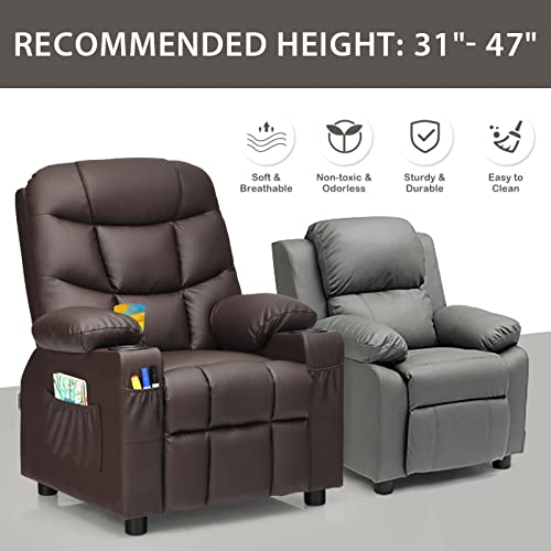 Kid Recliner Chair With Cup Holder, Adjustable Leather Lounge Chair With Footrest, Side Pockets For Living Room (Brown) #TOP3
