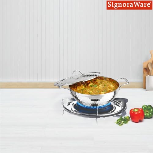 Image of Signoraware Artista Tri Ply Stainless Steel Hammered Deep Kadhai 18cm with Steel Lid | Elegant Finish | Even Heat Distribution | Ideal for Deep Frying & Daily Indian Cooking Needs (1.5 LTR | Steel)