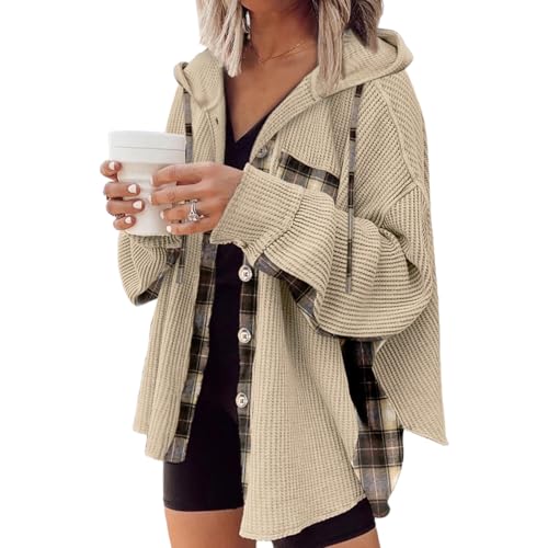 YNIQUE Damen Karierte Hemdjacke mit Waffelstrick Shacket Knöpfen Langarm...